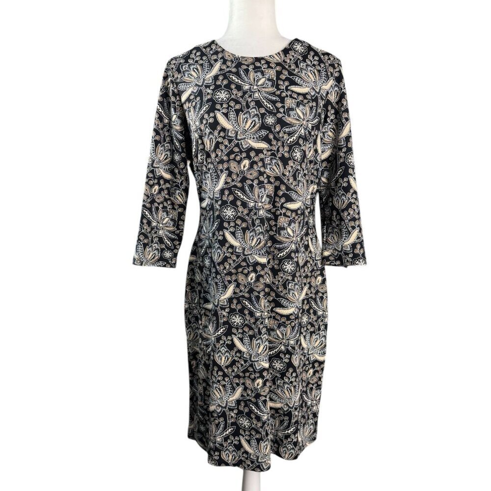J McLaughlin Catalina Cloth Dress Floral 3/4 Sleeve Black Brown Women's Size L